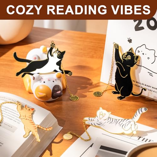 4 Pcs Cat Metal Bookmarks with Gold Chains and Charms