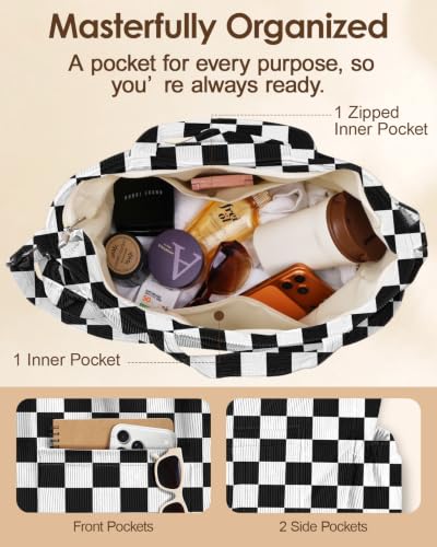 Miss Adola Corduroy Crossbody Tote Bag for Women - color: Black and White Checkerboard