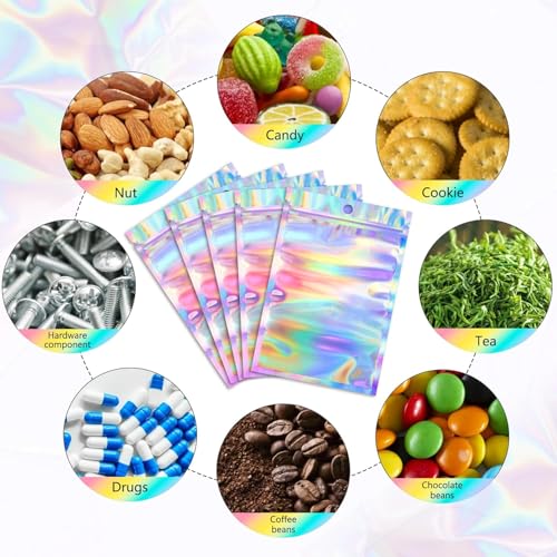 Funfery 100pcs Mylar Holographic Bags-Resealable Zipper&Clear Window - color: Holographic, size: 7 x 10 Inch