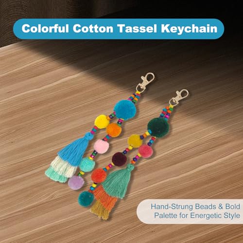 Tassel Keychain for Women Colorful Boho Charm Keychains with Tassels for Bags Backpack Purses Handbags and Beach Accessories Cute Summer Key Ring Decorations for Bag Charm and Wristlet Use