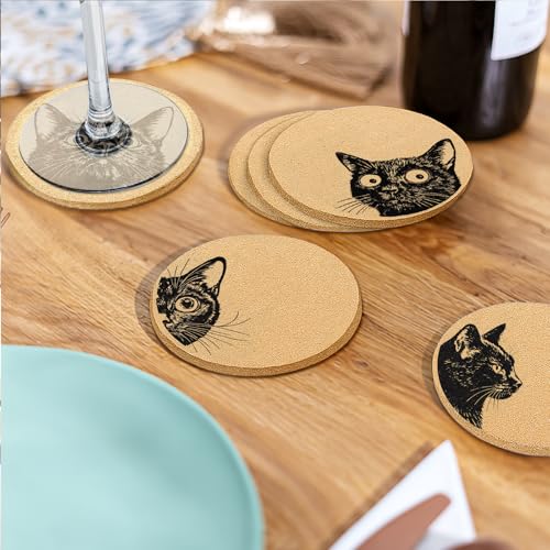 Coasters for Drinks with Holder Set of 6, Curious Cat Cork Coaster Absorbent for Office Desk Cat Table Coasters Kitchen Decor House Warming Gifts for New Home Couples, Round 4" - color: Cat003