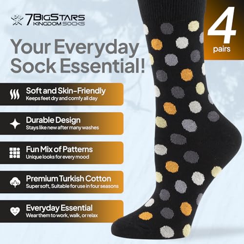 7BIGSTARS Women Cotton Crew Socks, Patterned 4 Pack, M 5-9 - L 8-12 - color: 01a - Black Assortment (A29), size: 5-9
