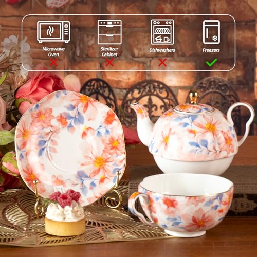 KAMMAK Tea for One Set, Ceramic Teapot, Bone China Tea Set, Cup and Saucer - color: Pink-XY1