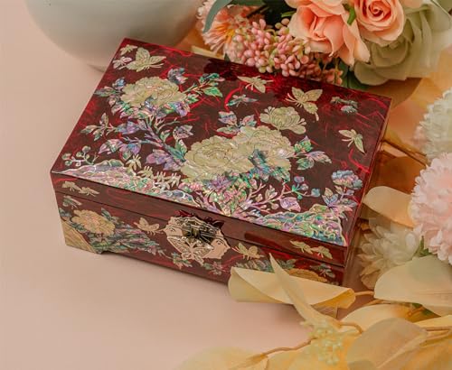 February Mountain Mother of Pearl Jewelry Organizer Box with Ring Tray - Gifts for Women Unique gift for women who have everything - color: Red