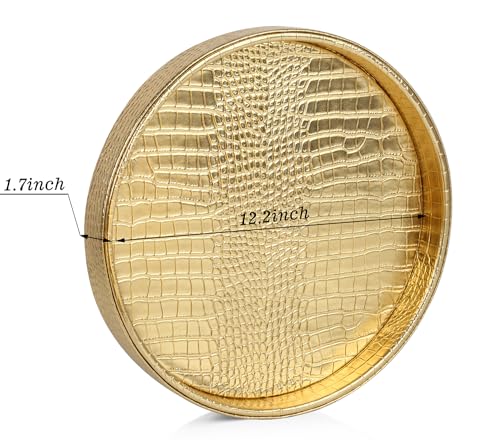 HofferRuffer Faux Leather Round Serving Tray, Vegan Croco Leather Decorative Tray, Food Tray for Storage Drinks, Snack & Cosmetics, Dia.12'' x 1.6'' (Gold) - color: Gold, size: 12"