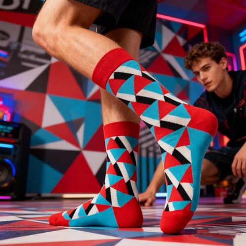 Colorful Funny Novelty Dress Socks for Men Women Teens Fathers Day Casual Fun Crazy Funky Graphic Crew Socks - color: 5 Pairs -Ab Geometric Style - Color Block Polka Dot Triangular Patchwork Chevron Patterns Socks, size: 6-12