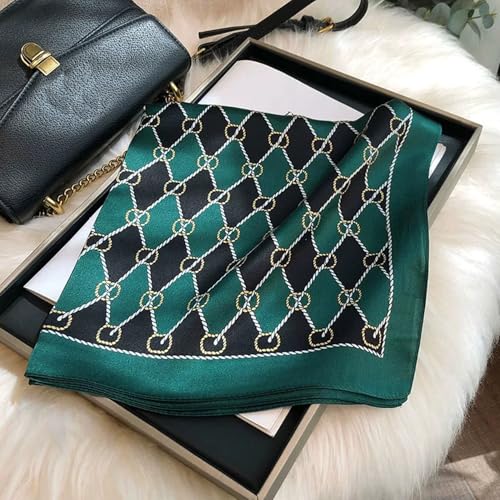 100% Mulberry Silk Neck Scarf for Women Square Neckerchief – 21 inch - color: Black Green