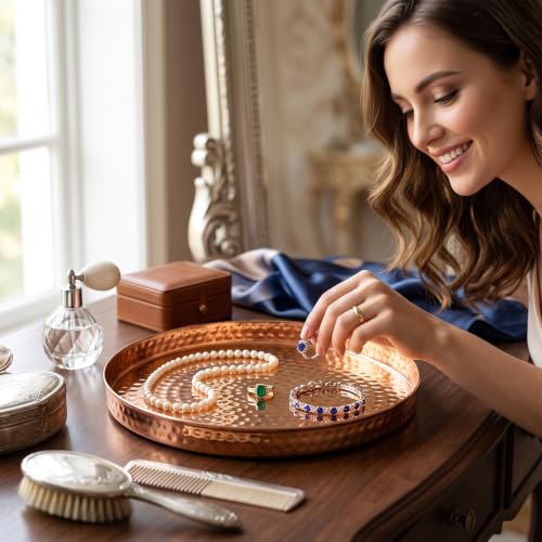 MyGift 11 Inch Deluxe Hammered Copper Kithchen Accessories Tray - Aluminum Plated Copper Platter and Vanity Tray - Handcrafted in India