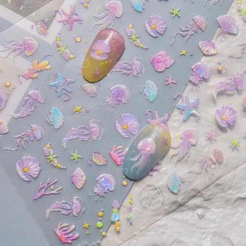 5D Embossed Under The Sea Stickers for Nail Art Jelly Fish Self-Adhesive Nail Art Decals for Women Nail Supplies Art Design Stickers (to5038) - style: to5038