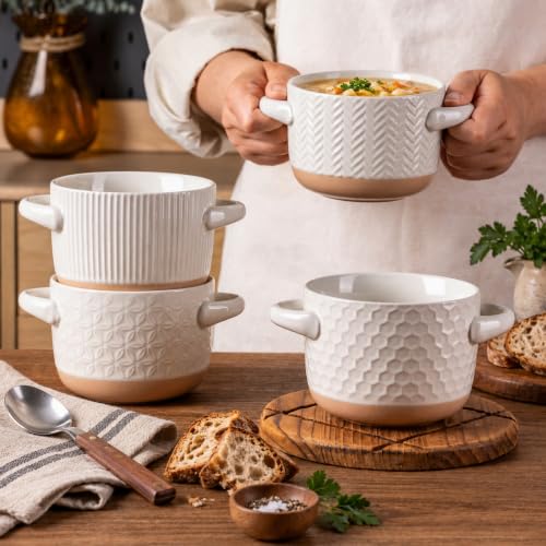AmorArc 24 oz Soup Bowls with Lids, Ceramic Soup Containers with Handle - color: Light Beige(Line ), size: Set of 2