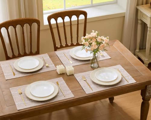Wracra Cotton Linen Place Mats, Brown Embroidered Placemats Set of 4 - color: Hemstitched Brown, size: Placemats(Set of 4)