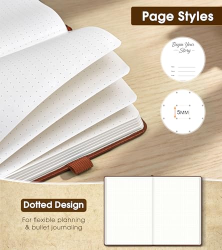 Dotted Journal Notebook, A5 Leather Hardcover, 160 Pages, 180° Lay-Flat Binding, 100 GSM Thick Paper, Dot Grid for Bullet Journaling, Planning & Daily Organization (Brown) - color: Brown, size: Dotted