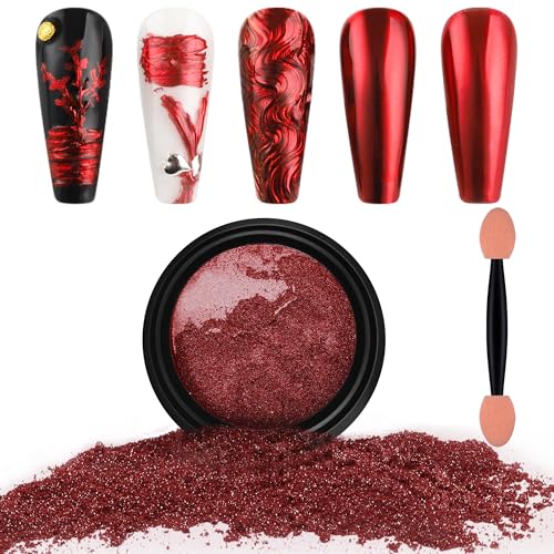 Artdone Chrome Nail Powder,Red Iridescent Aurora Powder Metallic Mirror Effect Pigment Pearlescent Mermaid Pigment Pearl Glitter Dust Kit, Nail Art Decoration, Resin Craft - color: 1 Jar - Red