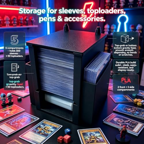 Toploader Dispenser & Penny Sleeve Holder - Dual Compartment Holds 300 Penny Sleeves & up to 50 Top Loaders, Stackable Card Storage Box with Dustproof Lid (Black)