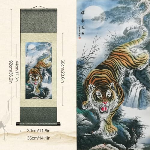 AtfArt Silk Scroll Painting, Asian Wall Art, Tiger, 36.2x12in - color: B6