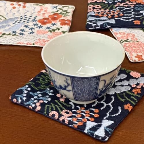 Pastoral Style Embroidered Fabric Coasters 4 Inch for Glass Cup Ceramic Cup, Japanese Style Deco for Kitchen Tea Table Cup Mat Cushion Pad (style01-navy)