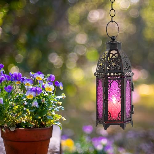Halloween Lanterns Decorations Indoor & Outdoor, 11’’ Medium Size Vintage Metal Hanging&Tabletop Candle Holder Decor, Christmas Ramadan Decorations for Home Porch Patio (Purple) - color: Purple - 11''h, size: Medium