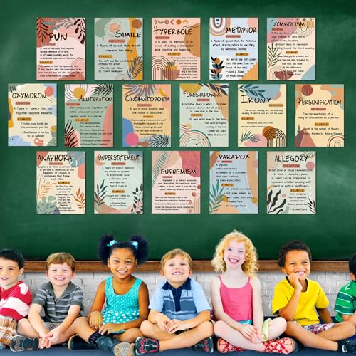 Qeeenar 16 Pcs Figurative Language Posters for Classroom, Vintage Boho