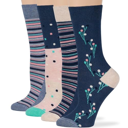 7BIGSTARS Women Cotton Crew Socks, Patterned 4 Pack, M 5-9 - L 8-12 - color: 04 - Light Navy, Blue, Pink (A56), size: 5-9