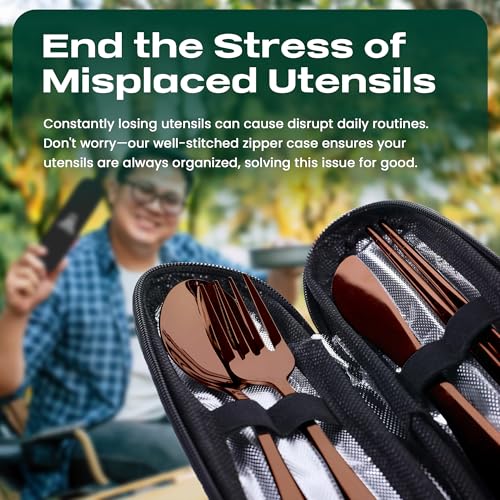 Travel Utensils With Case, 5 Pcs portable silverware set (Rose Gold) - color: Rose Gold, size: 5 Pieces