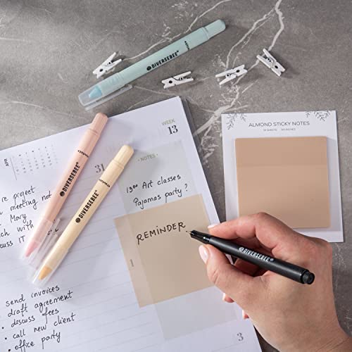 DiverseBee 50 Sheets Pastel Transparent Sticky Notes, 3x3” Clear Sticky Tabs, Translucent Page Flags Book Markers Stickers, Planner Accessories, Bible Journaling Study Office School Supplies (Almond) - color: Almond