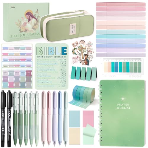 XKDOUS 50 Bible Study Supplies Journaling Kit with Journal and Case, Green - color: Green