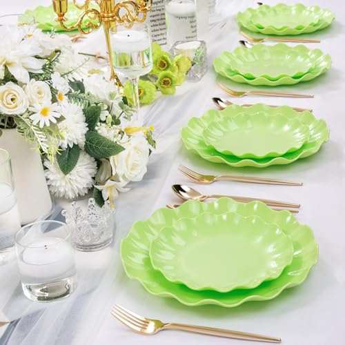 LIYH 24Pcs Green Unbreakable Plastic Plates for Birthday Scalloped - color: Green, size: 24(12 Guests)