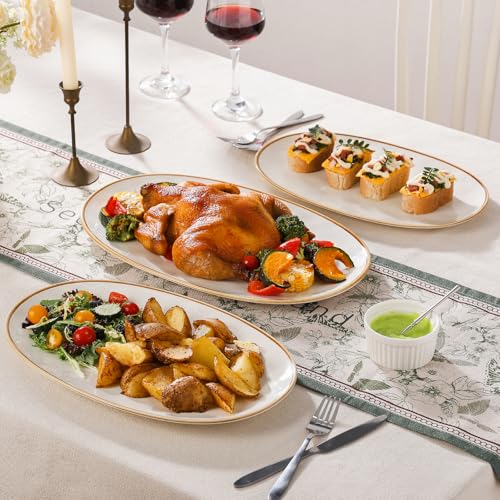 Ceramic Oval Serving Platter with Brown Rim: 15.6/14.3/12.9 Inch Large Serving Dishes for Entertaining Party, Turkey, Steak, Ham, Microwave Dishwasher Safe - color: White, size: Oval