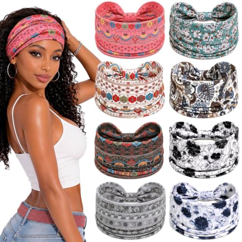 Awumbuk Wide Headbands for Women Knotted Non Slip, Soft Moisture Wicking Head Bands for Workout Sports Yoga 8 Pack - color: Ink flower white