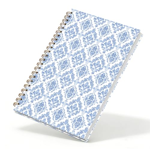 Qykwz Grandmillennial Blue and White Floral Spiral Notebook 5.5x8.3, Block Print Flower Journal for Women, Blue Grand Millenial Floral Aesthetic Hardcover Notebook Journal - color: Color_E