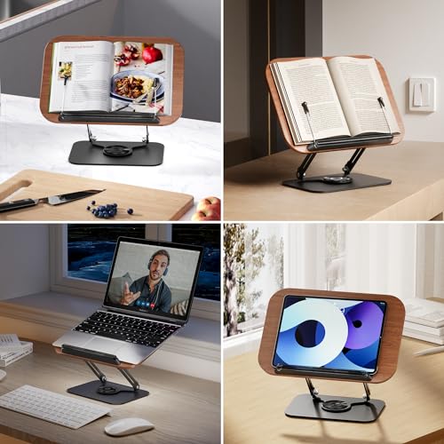 SupeDesk Book Stand for Reading, Adjustable Book Holder with 360° Rotating Bases, Foldable Designs, and Elastic Clips, Multifunctional Display Stand for Recipe, Cookbooks, Magazines, Tablets, Laptops - color: Dark Wood