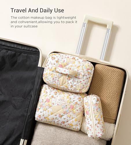 HBselect Quilted Makeup Bag, 3Pcs Cotton Large Travel Makeup Bags Organizer - color: A-3PCS-Floral 37