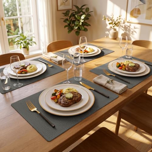 Romanstile Faux Leather Vinyl Placemats Set of 6, Dark Grey - color: Dark Grey