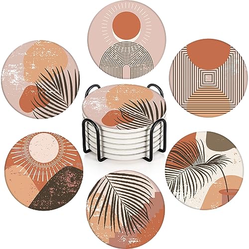 Coasters for Drinks, Set of 6, Ceramic Stone Boho Terracotta Burnt - color: Boho Abstract
