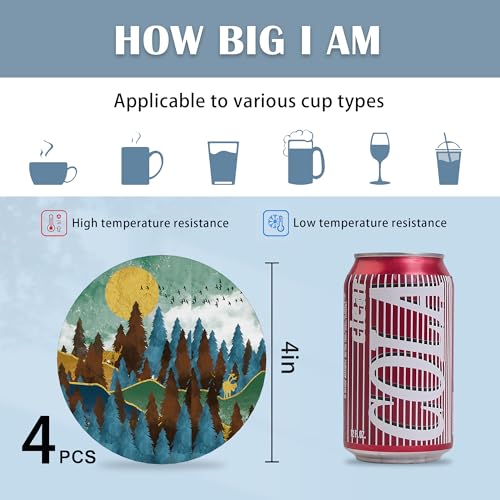 Coasters for Drinks, Set of 4 Absorbent Ceramic with Cork Base, Mountain and Forest Nature Design, Round Shape, Perfect for Coffee Table Protection and Gifts - color: Mountains and Forest Nature