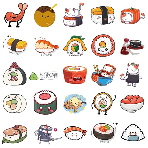 50Pcs Sushi Stickers, Sushi Water Bottle Stickers, Cute Food Sticker Vinyl Waterproof Sticker for Adults Water Bottle Laptop Decor Party Favors Birthday Gifts - color: Sushi