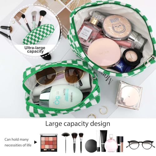 EIMMBD Makeup Bag 3 Pieces Large Capacity Checkered Cosmetic Bags Travel Toiletry Bag Organizer Cute Makeup Pouch Storage for Women (Green) - color: Green