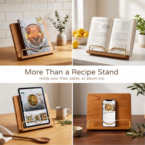 Cookbook Stand Holder for Kitchen Counter Decor - Wooden Recipe Book Holder