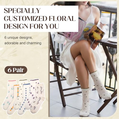 6 Pack Women's Ruffle Socks Cute Frilly Socks Vintage Floral Heart Cherry Pattern Cotton Breathable