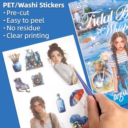 Tidal Blue Whisper Sticker Scrapbooking Supplies for Junk Journal, 20 Sheets PET Stickers - Vintage Journaling Stickers - color: Tidal Blue Whisper