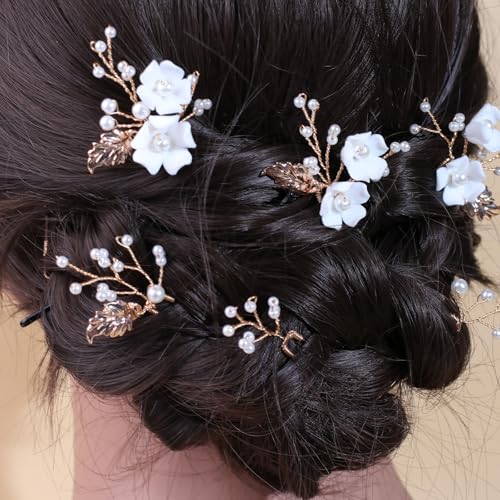 Handmade Pearl Bridal Wedding Hair Pins 6Pcs White Ceramic Flowers Gold Leaf Pearls Clips Wedding Hair Accessories for Women Brides Bridesmaid (Gold) - color: Gold