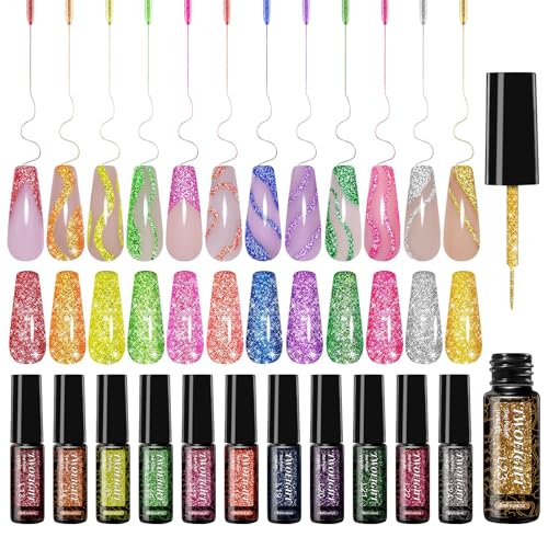 TWOEIGHT Reflective Glitter Nail Art Gel Liner Flash Diamond Painted Polish 12 Colors 8ml Sparkle Silver RED Pink Green Yellow Pigment UV LED Soak off Curing Requires for Design - color: 12pcs Reflective Glitter Set