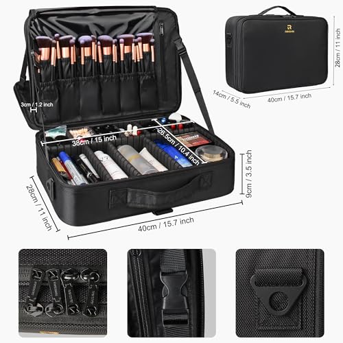 Relavel Makeup Case Large Makeup Bag Professional Train Case 16.5 inches Travel Cosmetic Organizer Brush Holder Waterproof Makeup Artist Storage Box, 3 Layer Large Capacity, with Adjustable Strap - color: Black, size: Large