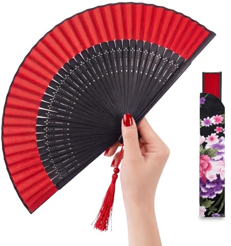Japanese Folding Hand Fan for Women - Bamboo Silk Handheld Foldable Fan with Tassel & Pouch for Hot Flashes, Rave, Church, Gift,Wedding - Whisper-Quiet, Purse Size (Black-Red) - color: Black-red