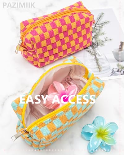 Checkered Makeup Bag for Purse, Small Travel Cosmetic Pouch,Orange Green - color: Orange Green