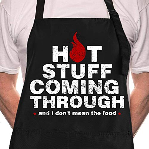 Rosoz Funny BBQ Black Chef Aprons for Men Adjustable Kitchen Cooking Aprons - color: Hot Stuff Coming Through