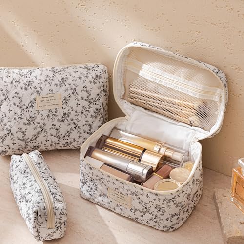 HBselect Quilted Makeup Bag, 3Pcs Cotton Large Travel Makeup Bags Organizer - color: A-3PCS-Floral 39