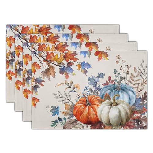Fall Placemats Set of 4, 12 x 18 Inch Blue and Orange Pumpkin Fall Maple Leaves Washable Heat Resistant Rectangle Place Mat Thanksgiving Decor Table Mats for Seasonal Kitchen Dining - color: Blue Orange Pumpkin