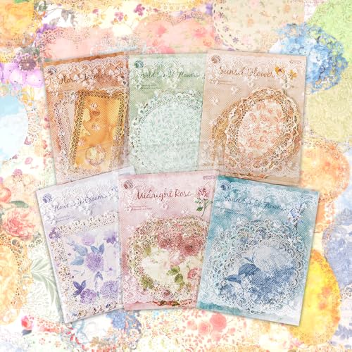 60 Sheet Hollow lace Scrapbook Paper Set, 6 Packs Decorative Paper，for Letter Writing，Scrapbook paper，Junk Journal Supplies，DIY Collage，Card Making Supplies，Collage Background - color: J