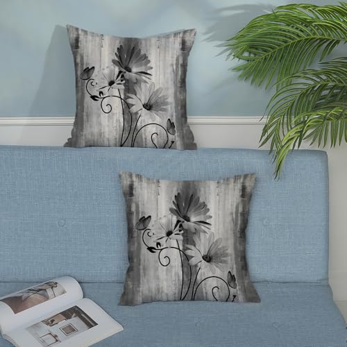 Spring Pillow Covers 18x18 Pack of 2 Black Daisy Floral Throw Pillow Covers Outdoor Decoration Vintage Summer Flower Decor Pillowcase Farmhouse Decorative Linen Cushion Case for Home Sofa Couch - color: Black Daisy, size: 18" x 18" (Pack of 2)